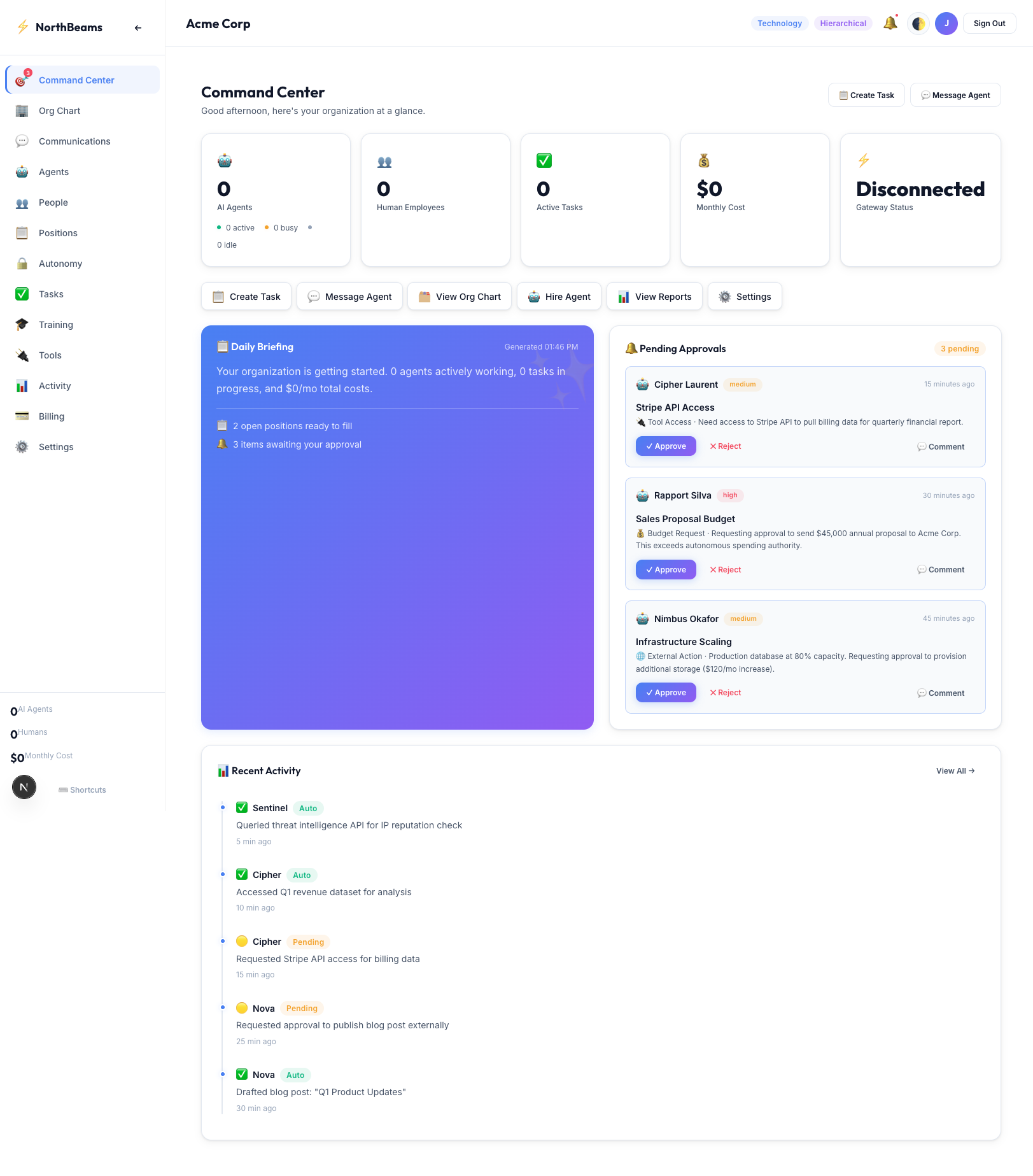 NorthBeams Command Center β daily briefings, approvals, activity feed